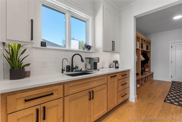 kitchen with tasteful backsplash, light wood-style floors, light countertops, and a sink