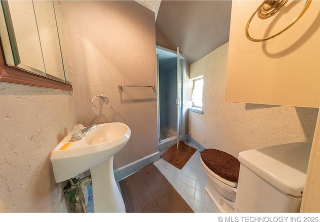 bathroom with tile patterned flooring, vaulted ceiling, and toilet