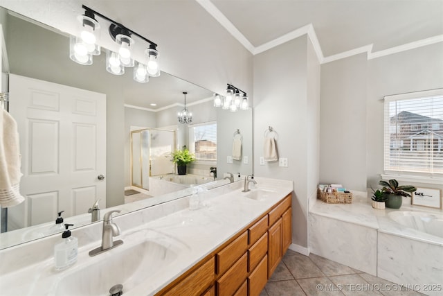 bathroom featuring tile patterned floors, vanity, plus walk in shower, and ornamental molding