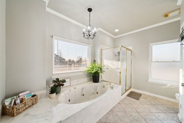 bathroom with plus walk in shower, tile patterned floors, and ornamental molding