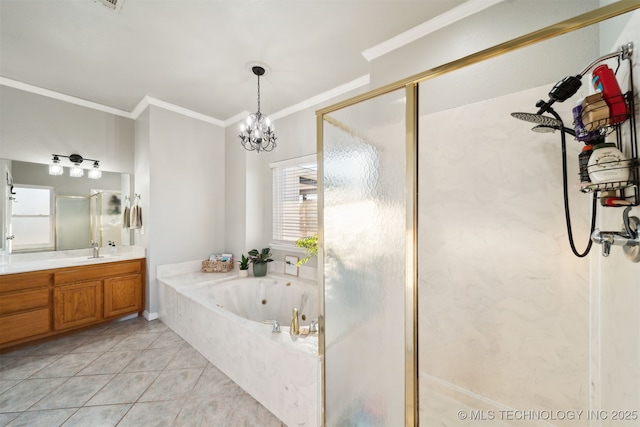 bathroom featuring tile patterned floors, crown molding, a chandelier, vanity, and independent shower and bath