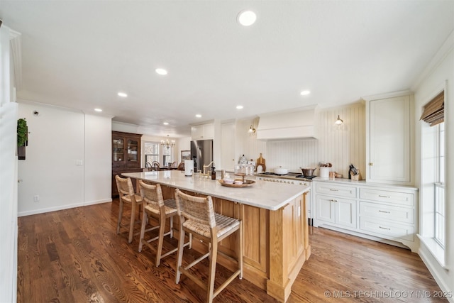 kitchen with white cabinetry, dark wood-type flooring, premium range hood, a large island with sink, and appliances with stainless steel finishes