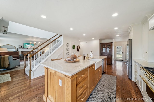 kitchen featuring sink, light stone countertops, an island with sink, appliances with stainless steel finishes, and dark hardwood / wood-style flooring