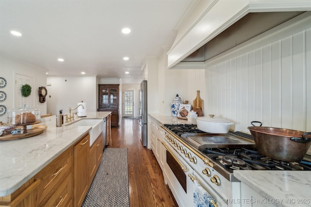 kitchen featuring stainless steel refrigerator, sink, dark wood-type flooring, light stone counters, and crown molding