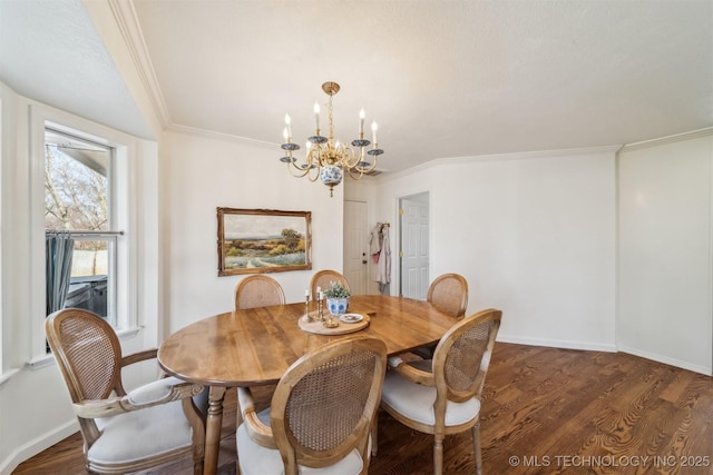 dining area with a chandelier, dark hardwood / wood-style floors, and ornamental molding