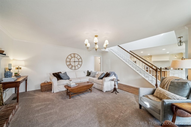 carpeted living room featuring an inviting chandelier and ornamental molding