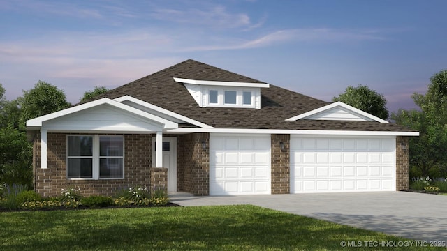 view of front of property featuring a shingled roof, concrete driveway, a yard, and an attached garage