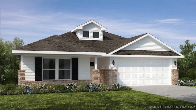 view of front of house with an attached garage, brick siding, driveway, roof with shingles, and a front yard