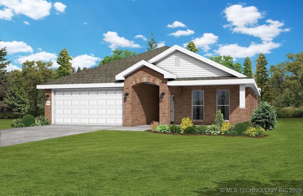 view of front of home with a front lawn and a garage