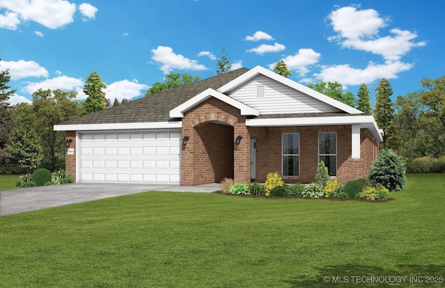 view of front of home with a front lawn and a garage