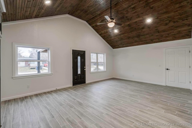 foyer featuring ceiling fan, high vaulted ceiling, and light hardwood / wood-style floors