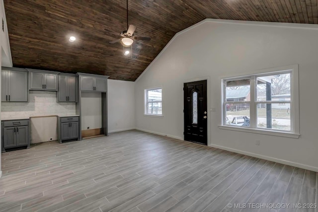 kitchen with gray cabinetry, ceiling fan, decorative backsplash, wood ceiling, and light wood-type flooring