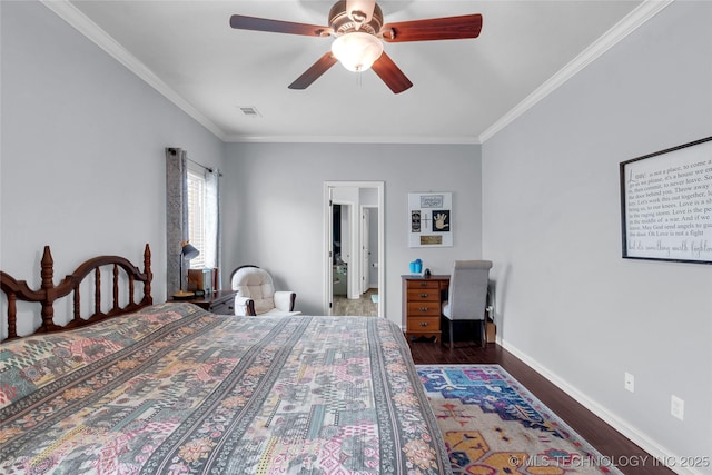 bedroom featuring ornamental molding, ceiling fan, and dark wood-type flooring