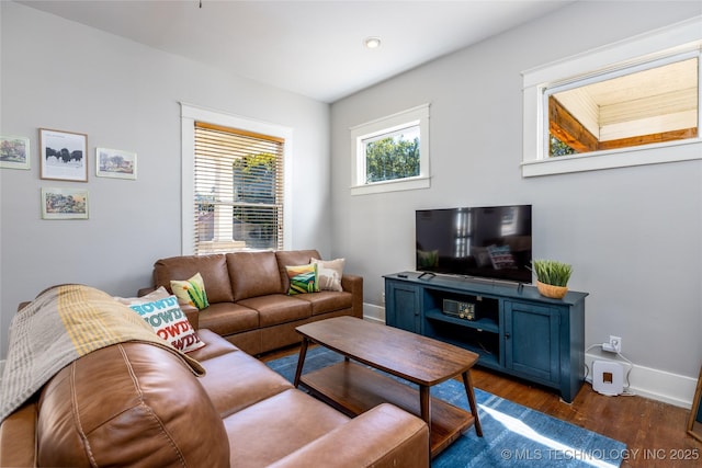 living room with dark hardwood / wood-style flooring