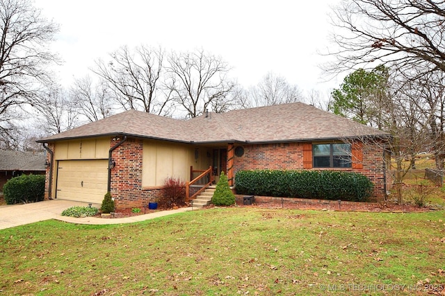 single story home featuring a garage and a front yard