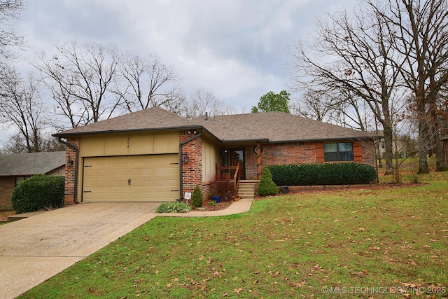 ranch-style house featuring a garage and a front yard