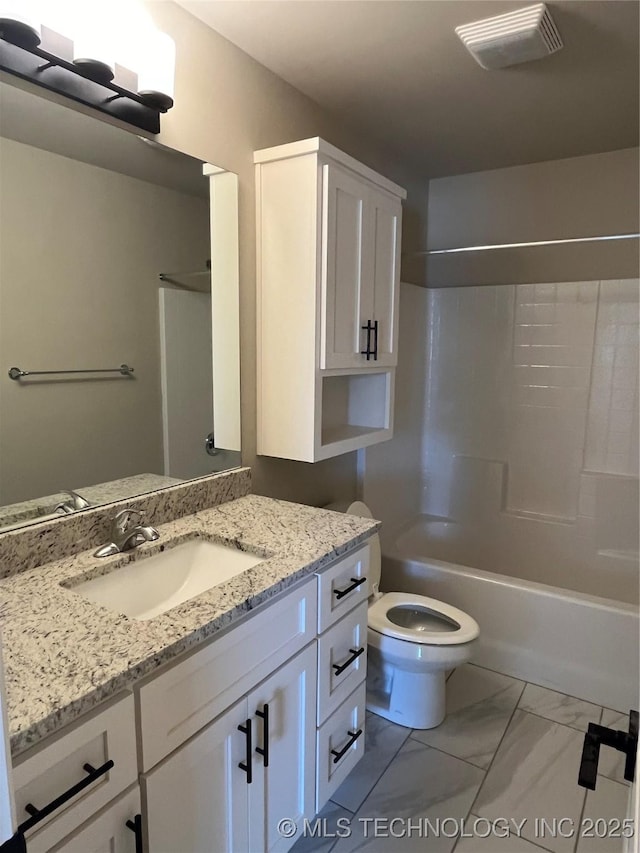 bathroom featuring shower / washtub combination, marble finish floor, visible vents, toilet, and vanity