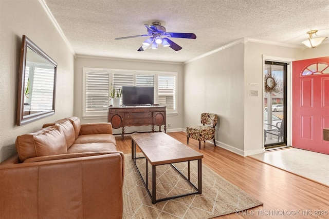 living room with light hardwood / wood-style flooring, crown molding, ceiling fan, and a healthy amount of sunlight