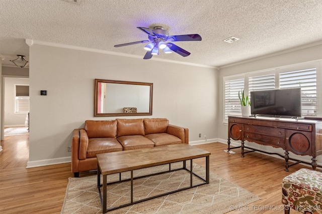 living room featuring light hardwood / wood-style floors, ornamental molding, and a textured ceiling