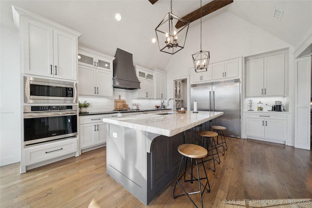 kitchen with premium range hood, decorative backsplash, white cabinets, and built in appliances