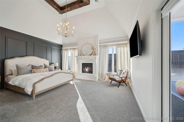 carpeted bedroom featuring high vaulted ceiling, a notable chandelier, and beamed ceiling