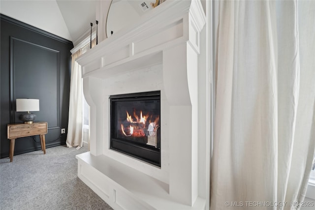 details featuring carpet flooring and a fireplace