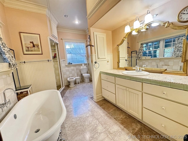 full bathroom featuring vanity, toilet, a bidet, and a healthy amount of sunlight