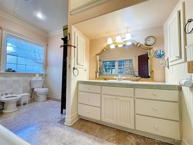 bathroom featuring plenty of natural light, a bidet, ornamental molding, and toilet