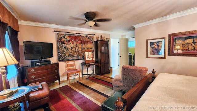 living room with ceiling fan and ornamental molding