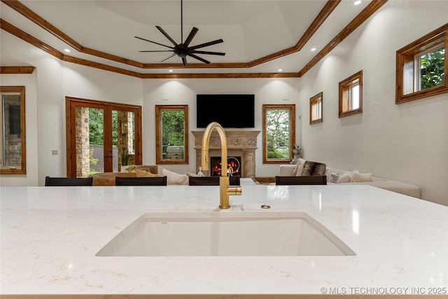 kitchen featuring a raised ceiling, crown molding, sink, and light stone countertops