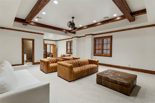 living room featuring light colored carpet and crown molding