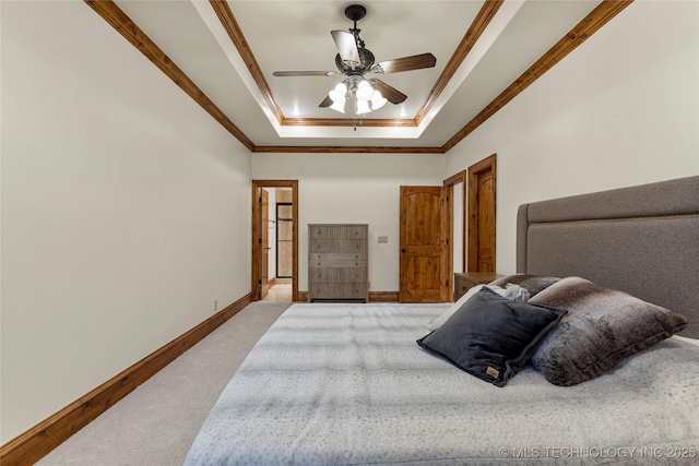 bedroom with light colored carpet, a raised ceiling, ceiling fan, and crown molding