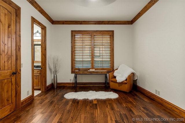 living area with dark hardwood / wood-style flooring and crown molding