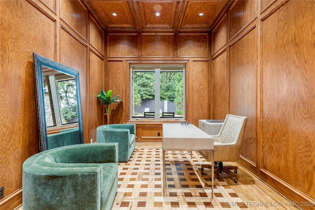 sitting room featuring beam ceiling, wooden walls, wood ceiling, and coffered ceiling