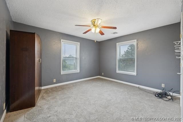 spare room with a textured ceiling, carpet, and a healthy amount of sunlight