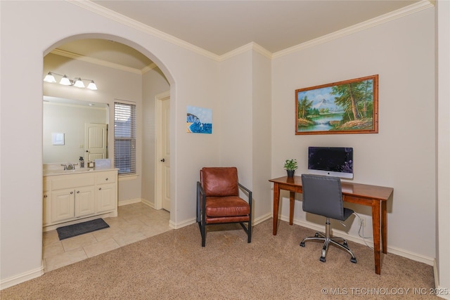 office area featuring light tile patterned flooring and crown molding