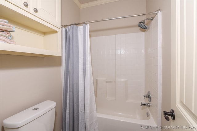 bathroom with shower / tub combo, toilet, and crown molding