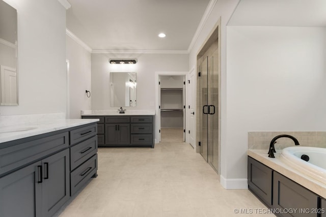 1303 Oakhurst Cir, Claremore, OK 74017 - full bath featuring two vanities, a stall shower, crown molding, a bath, and a spacious closet