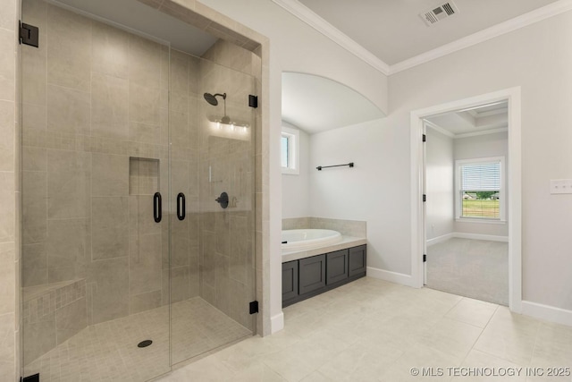 1303 Oakhurst Cir, Claremore, OK 74017 - full bath with ornamental molding, healthy amount of natural light, a shower stall, tile patterned floors, and baseboards