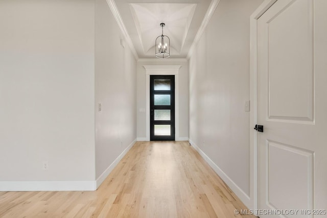 1303 Oakhurst Cir, Claremore, OK 74017 - doorway to outside featuring a chandelier, light wood-type flooring, ornamental molding, and baseboards