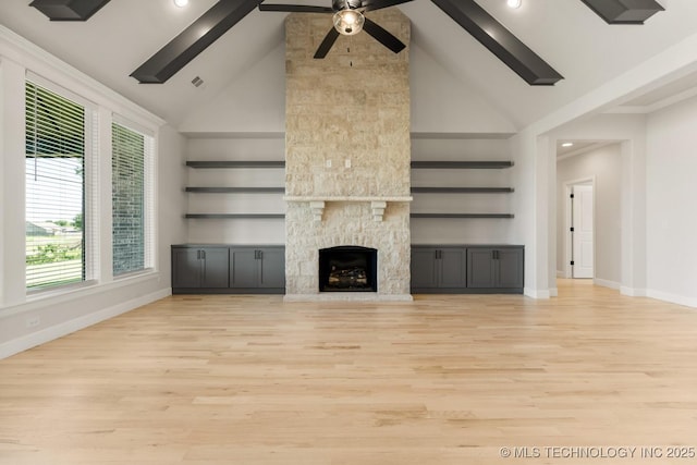 1303 Oakhurst Cir, Claremore, OK 74017 - unfurnished living room featuring baseboards, light wood finished floors, a ceiling fan, a fireplace, and recessed lighting