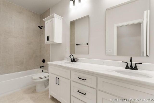 1303 Oakhurst Cir, Claremore, OK 74017 - bathroom with double vanity, toilet, bathing tub / shower combination, and tile patterned floors