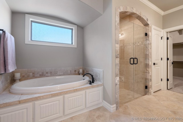 2787 Forest View Dr, Claremore, OK 74017 - full bathroom with a bath, a shower stall, crown molding, tile patterned floors, and baseboards