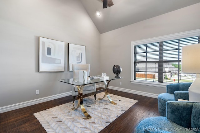 2787 Forest View Dr, Claremore, OK 74017 - office featuring baseboards, wood finished floors, recessed lighting, and high vaulted ceiling