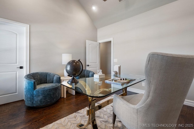 2787 Forest View Dr, Claremore, OK 74017 - dining area with wood finished floors, high vaulted ceiling, and baseboards