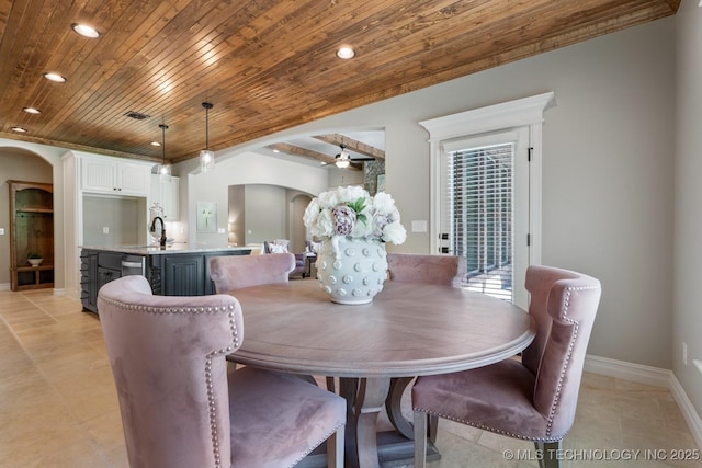 2787 Forest View Dr, Claremore, OK 74017 - dining area with wooden ceiling, arched walkways, baseboards, a ceiling fan, and recessed lighting