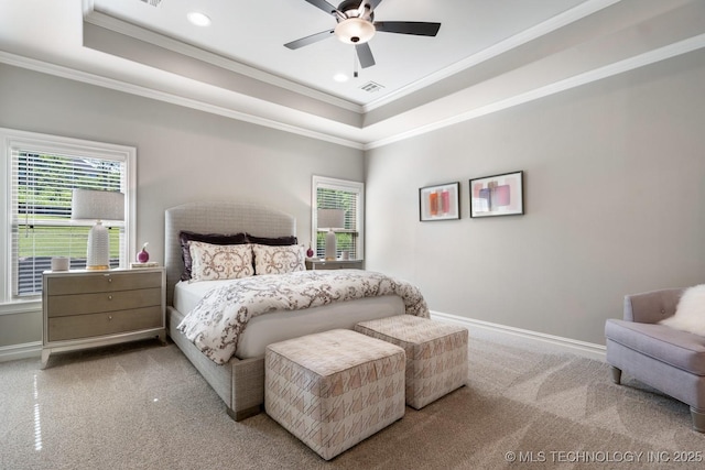 2787 Forest View Dr, Claremore, OK 74017 - bedroom featuring ornamental molding, a tray ceiling, carpet, baseboards, and recessed lighting