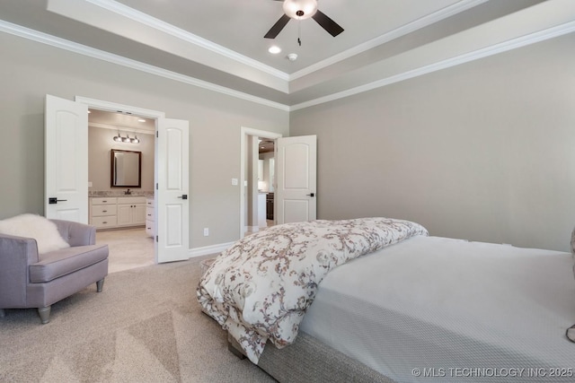 2787 Forest View Dr, Claremore, OK 74017 - bedroom featuring crown molding, a tray ceiling, light colored carpet, ensuite bath, and recessed lighting