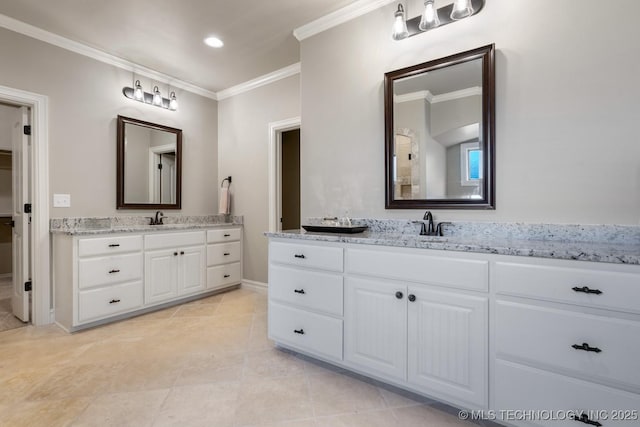 2787 Forest View Dr, Claremore, OK 74017 - bathroom with two vanities, crown molding, and baseboards