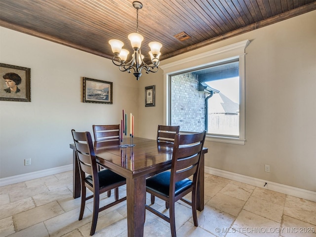 dining area with a chandelier, crown molding, and wooden ceiling